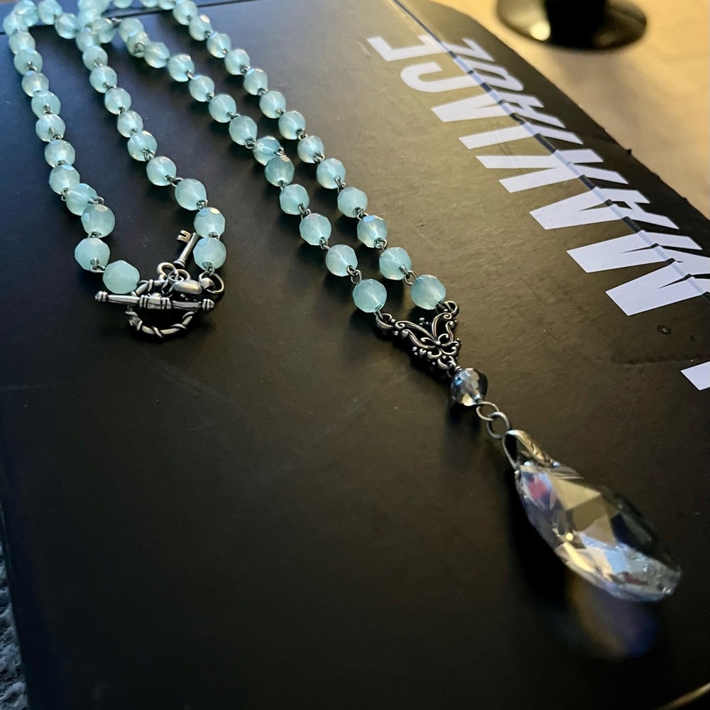 Elegant Silver and Green Crystal Beaded Necklace with large Sea Glass